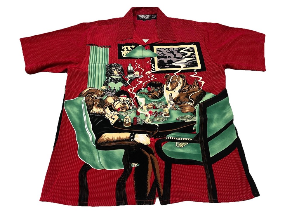 Vintage Dragonfly Clothing Camp Shirt Mens Large Red Dogs Playing Poker Bowling