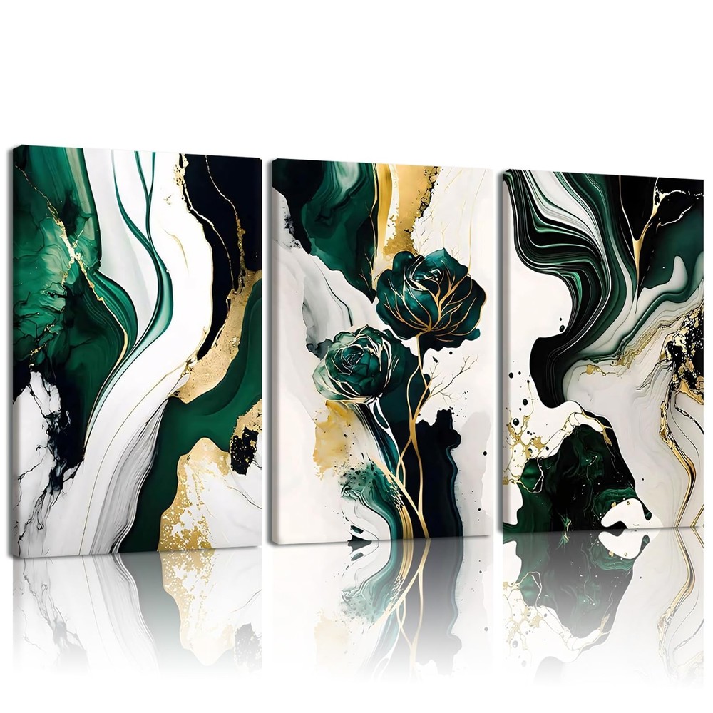 Green and Gold Abstract Wall Art Set of 3, Modern Fluid Art Framed Canvas Pri...