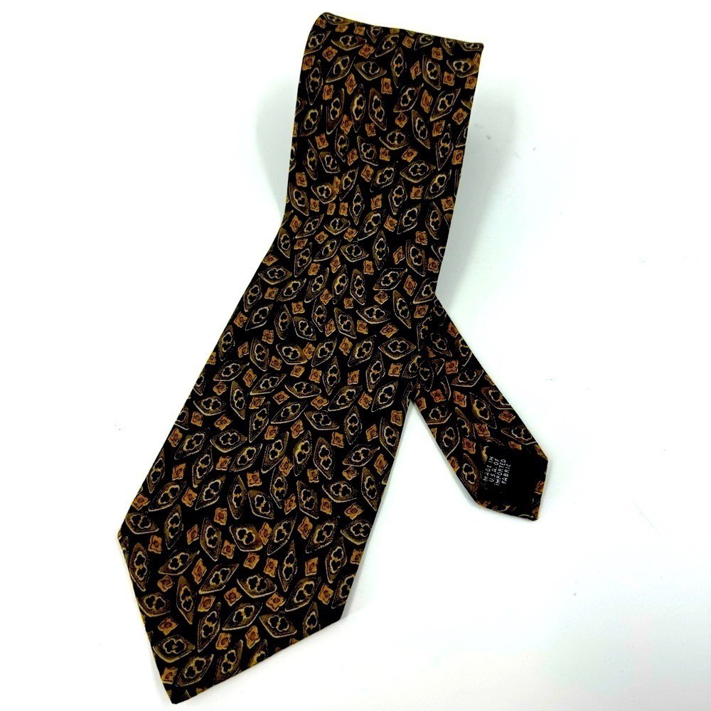 Christian Dior Monsieur Mens Silk Necktie Black Gold Geometric made in USA