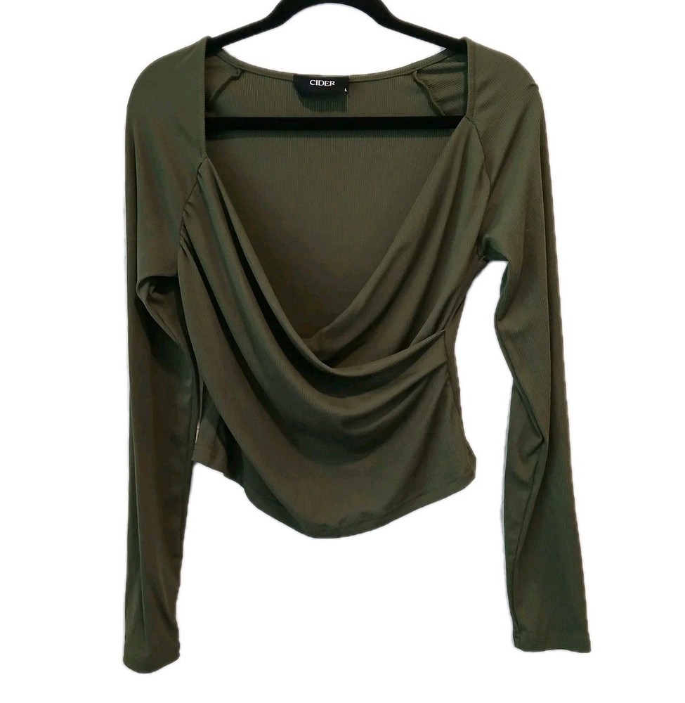 Cider Women’s Olive Green Faux Wrap Long Sleeve Top Size Large NWOT Ruched