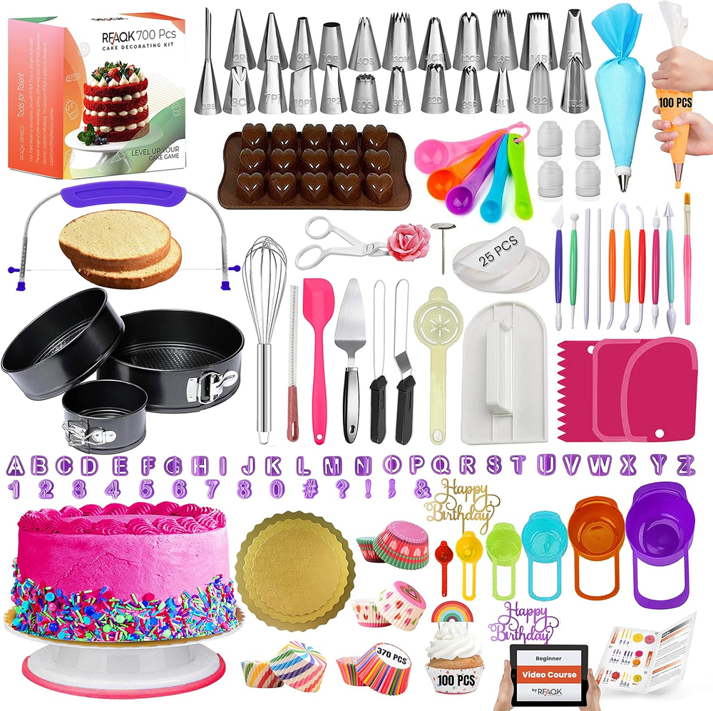 RFAQK 700Pcs Cake Decorating Kit with Baking Supplies- Cake Turntable for Decora