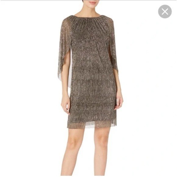 Trina Turk Womens Hima Eastern Luxe Metallic Gold Cape Dress Micro Pleat Size 12