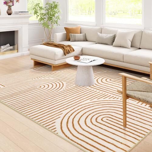 Abstract Machine Washable Rugs 8x10 in Ultra-Thin Soft Texture with Vibrant Orange and White Design Perfect for Modern Homes-image