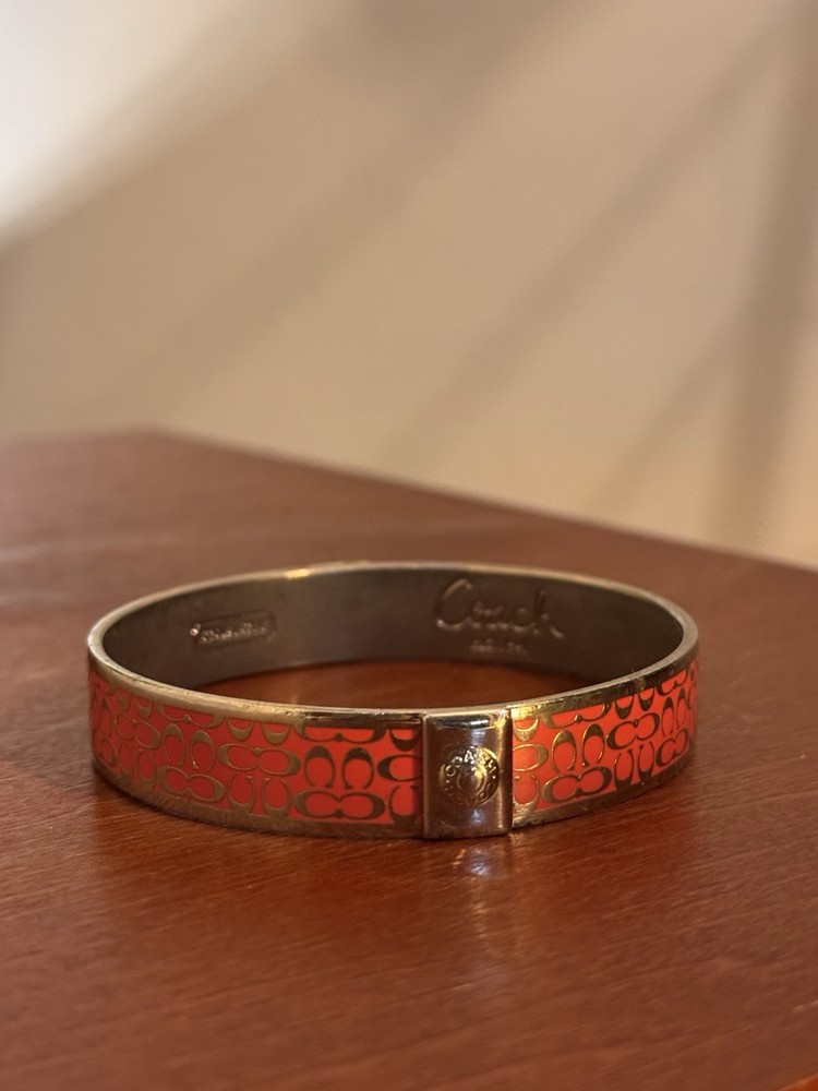 COACH Letter C LOGO Signature Pink / Red Enamel & Silver Tone Bangle Bracelet