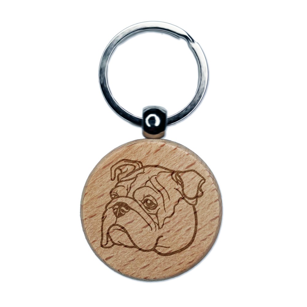 English Bulldog Head Engraved Wood Round Keychain Tag Charm