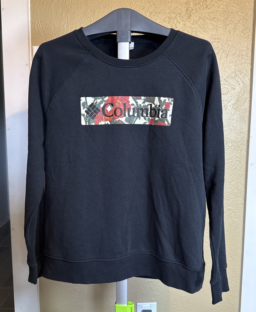 Columbia Crewneck Black Sweatshirt Women’s Size Large Floral Design Logo