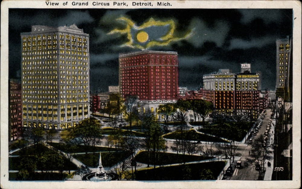 Michigan Detroit Grand Circus Park aerial night view full moon ~ 1920s postcard