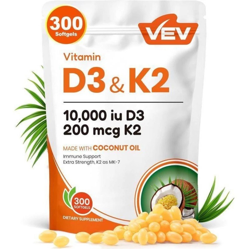 VEV Vitamin D3 K2 10000 IU, 300 Coconut Oil Softgels, 2-in-1 D & K Supplement