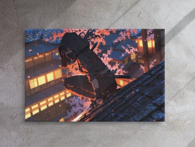 Graceful Ninja Assassin Prowling Moonlit Rooftop in Japanese Setting