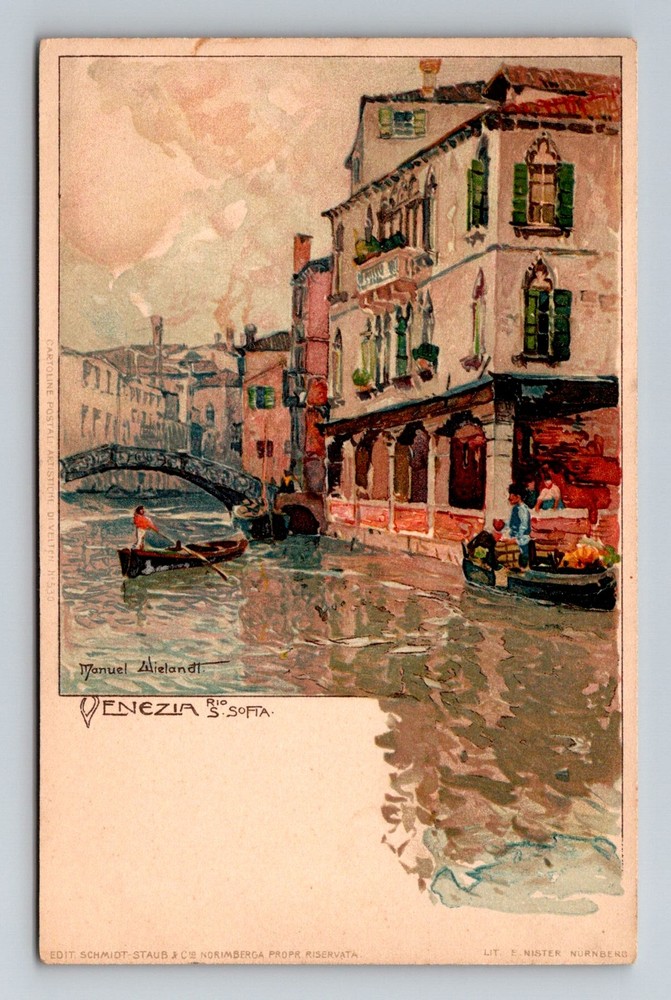 Italy- Venice Gondola & Canal Bridge Painting Souvenir Old View Vintage Postcard