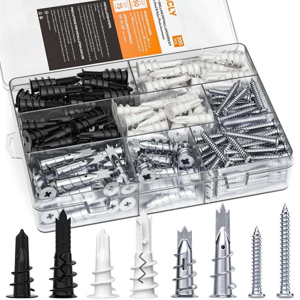 INCLY 200PCS #8 Drywall Anchors Kit with 100 Zinc Metal and Plastic Self-Drilling Anchors
