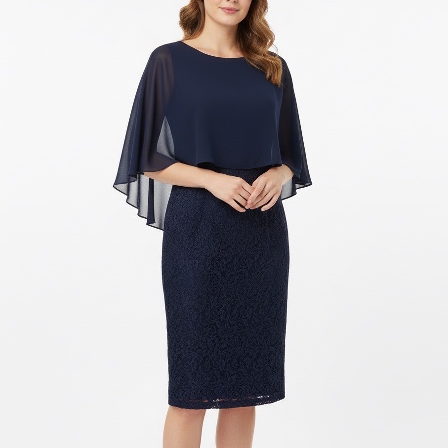 Jessica Howard Navy Blue Lace Overlay Cape Dress Plus Size 16W