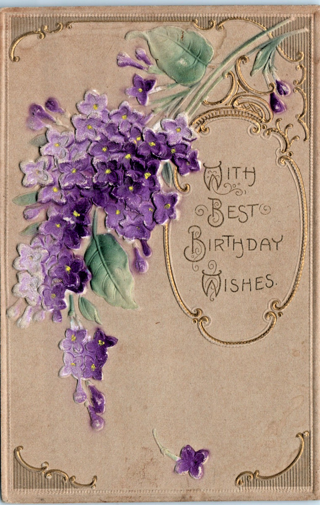 Vintage - Happy Birthday Hand Painted Embossed Purple Flowers - Postcard - P12