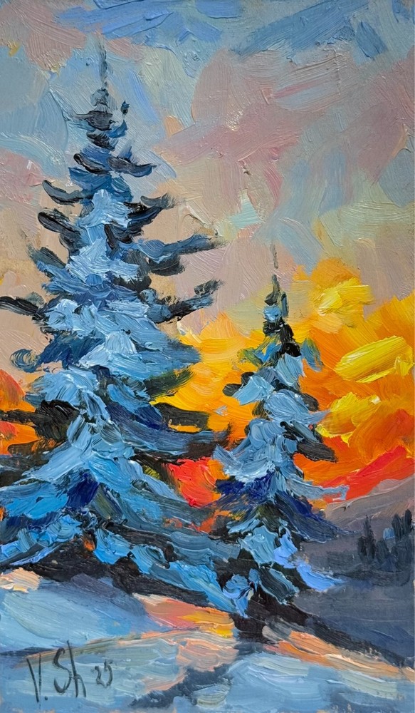 Original Oil Painting Winter Landscape Sunset Forest Impressionism Art Signed