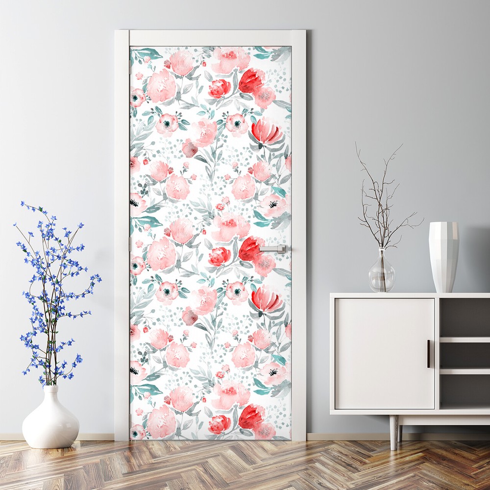 Adhesive Door sticker Lovely Flowers Decal Floral Wall Decor Watercolour Decor