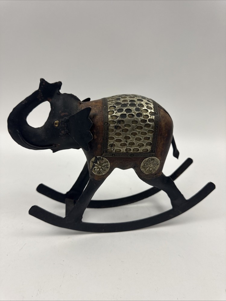 Vintage Rocking “Lucky Elephant” Sculpture Wood Metal Inlaid Brass Details