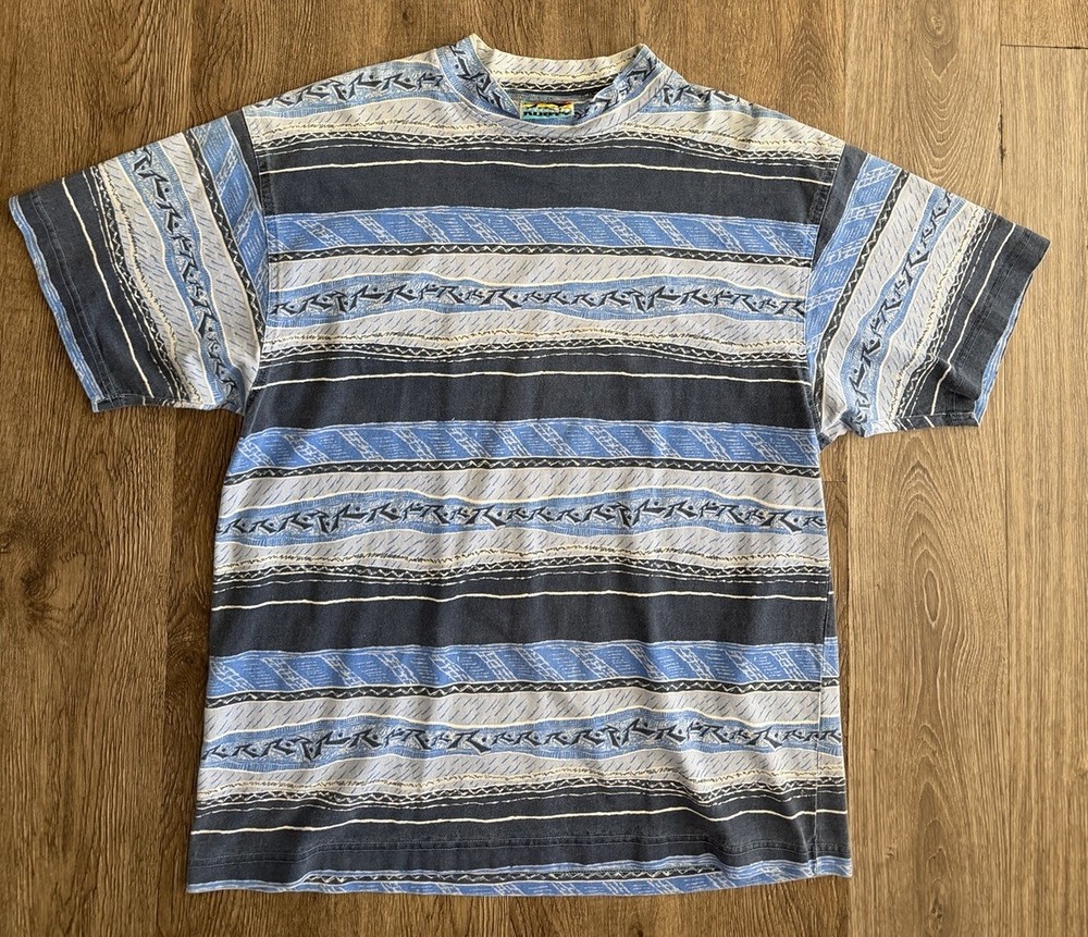 Vintage 90s Rusty Surf Style Patterned Striped T Shirt XL Blue Skate Grunge