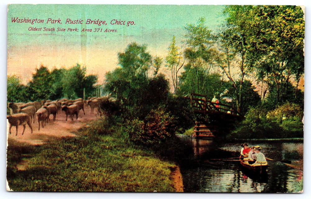 Chicago Illinois Washington Park Rustic Bridge People Boat Vintage 1912 Postcard