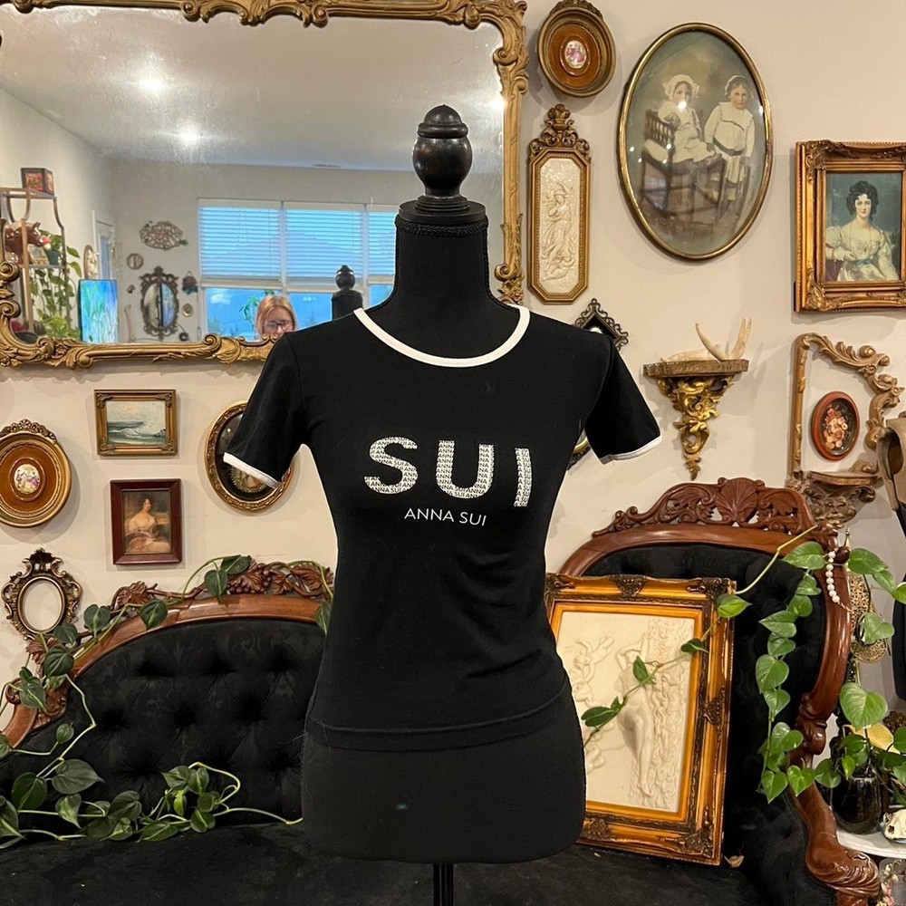 Vintage Y2K Anna Sui Black Rhinestone Logo Short Sleeve Baby Tee Top
