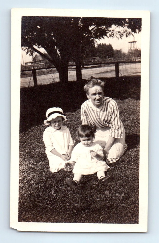 Old Vintage Photo WOMAN BOY AND GIRL SITTING ON GRASS LAWN SNAPSHOT