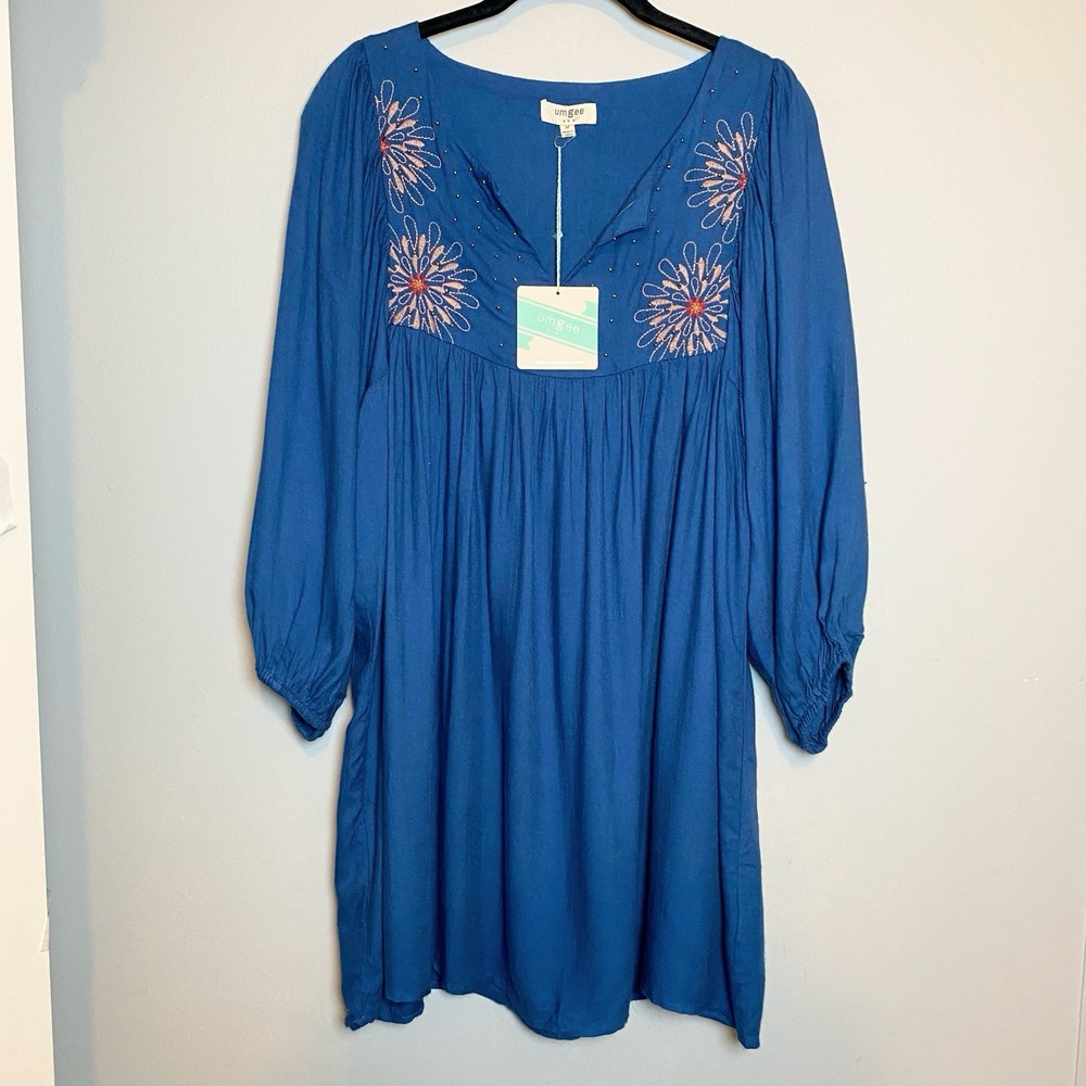 Umgee Boho Floral Mini Dress  Teal Tunic Boho Embroidered Balloon Sleeve Sz M