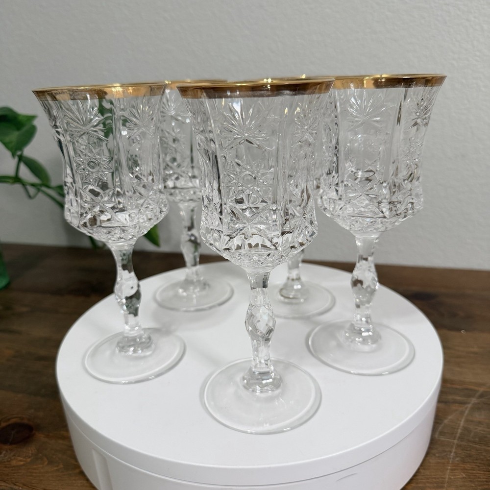 Vintage Royal Crystal Rock Impero Gold Rim Lead Crystal Goblets Glasses Set of 5