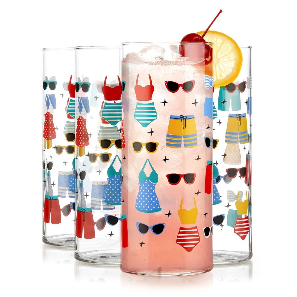 Libbey Vintage Swim Drinking Glasses Set of 4, Colorful, Retro Swimsuits Design