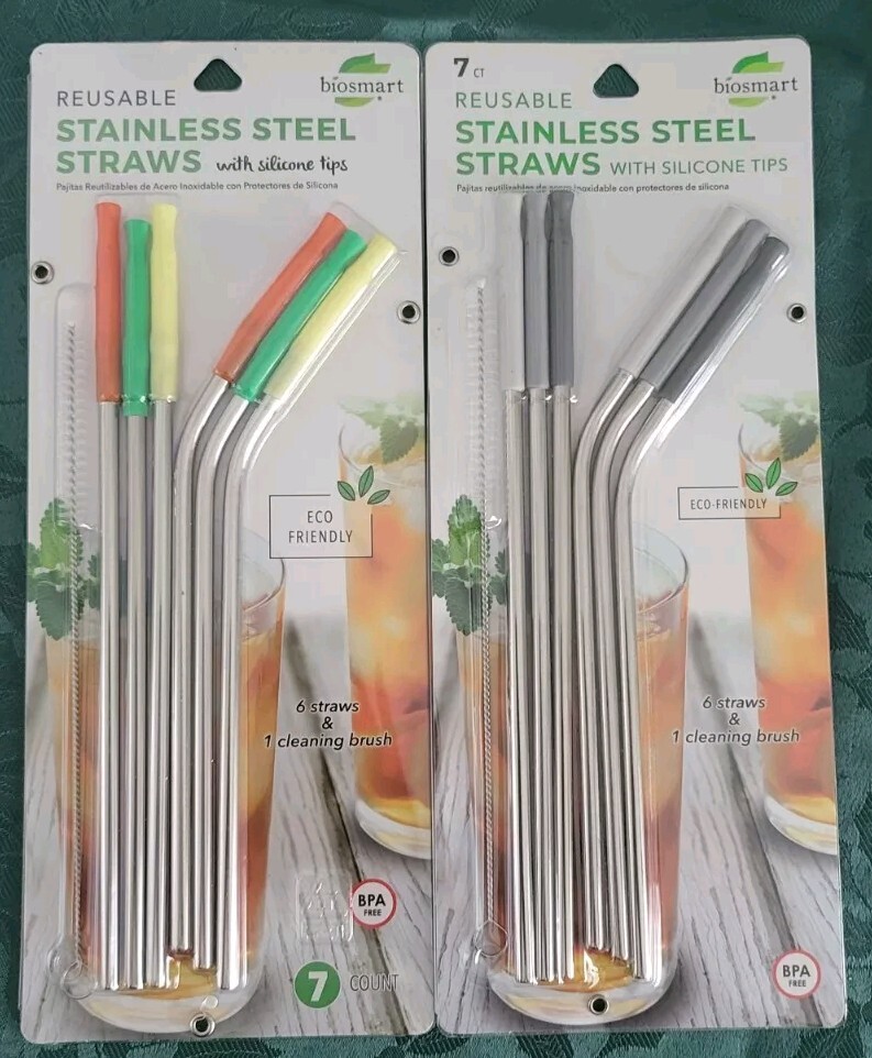 BIOSMART Reusable Stainless Steel Straw Set w/ Silicone Tips & 1 Cleaning Brush