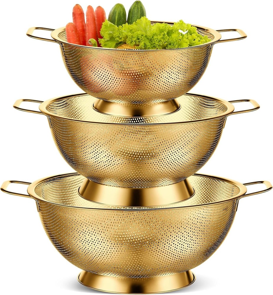 3 Pcs Stainless Steel Colander Set Colander Bowl & Sieves 1/3/5 Quart Metal Mesh