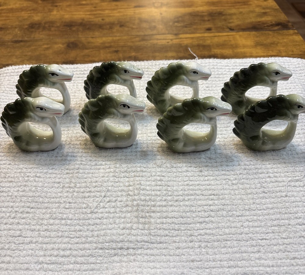 Ceramic Dragon Napkin Holder Rings Set of 8 Green & White