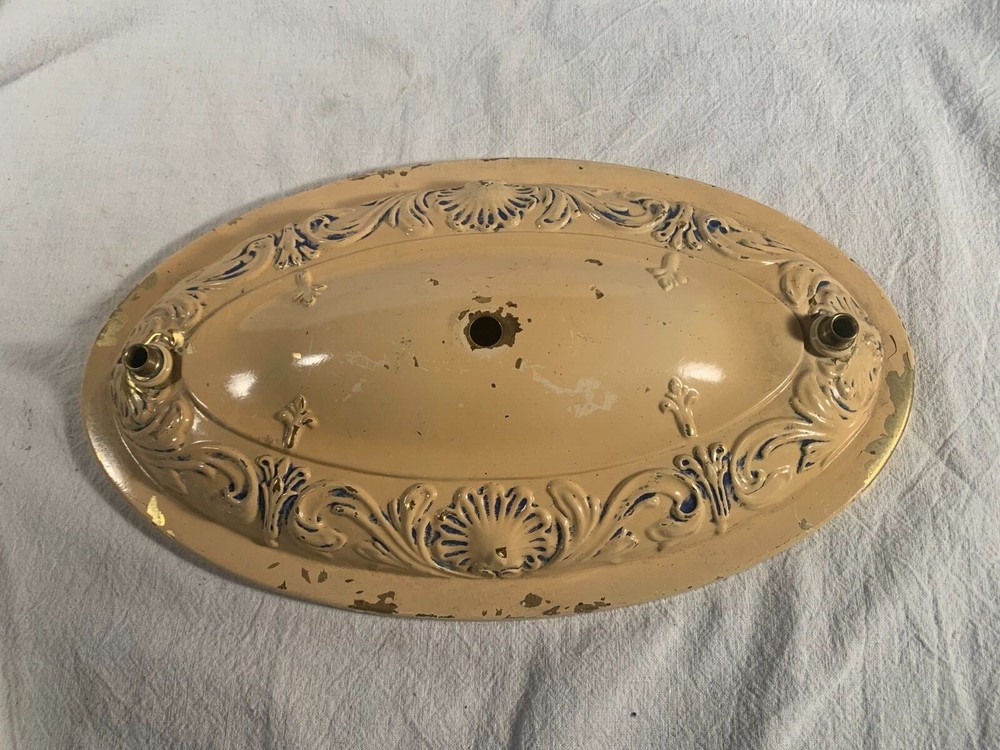 Vintage painted Brass Embossed Oval Ceiling Fixture Pan circa 1920s 12