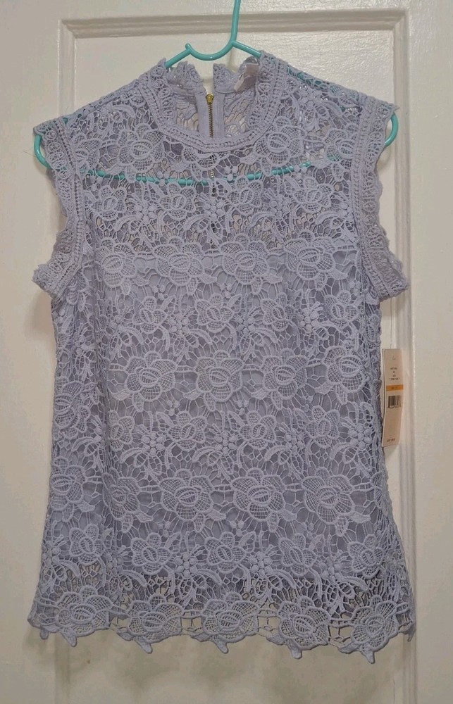 Nanette Lepore Womens Lace Top Size S Blue Floral Crochet Mock Neck NWT MSRP $98