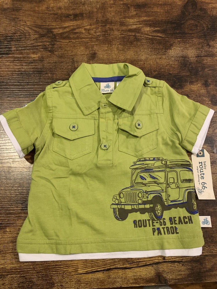Baby Boys Route 66  Button Short Sleeve Shirt Top Beach Patrol New Size 3-6 MO