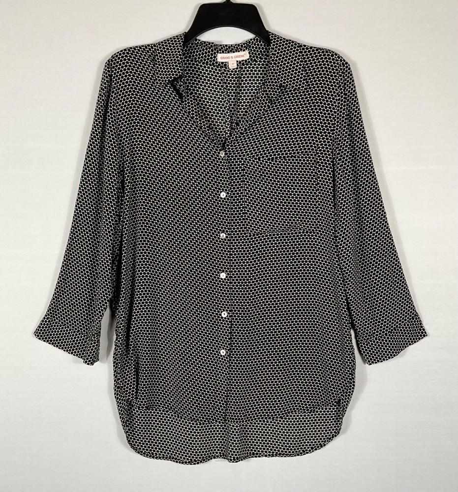 Grand & Greene Top Womens S Black Ivory Print Button Up Hi Low Hem 3/4 Sleeves