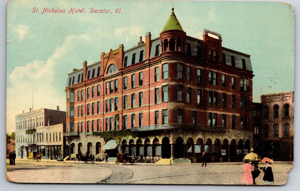 Decatur Illinois~St Nicholas Hotel Street View~Horse Carriage~c1910 Postcard