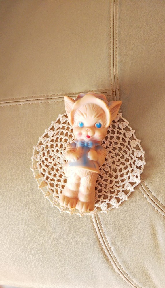 Rare Vintage 1950 Sun Rubber Kitten Soft Vinyl Doll Pastel Beige Pink Blue From