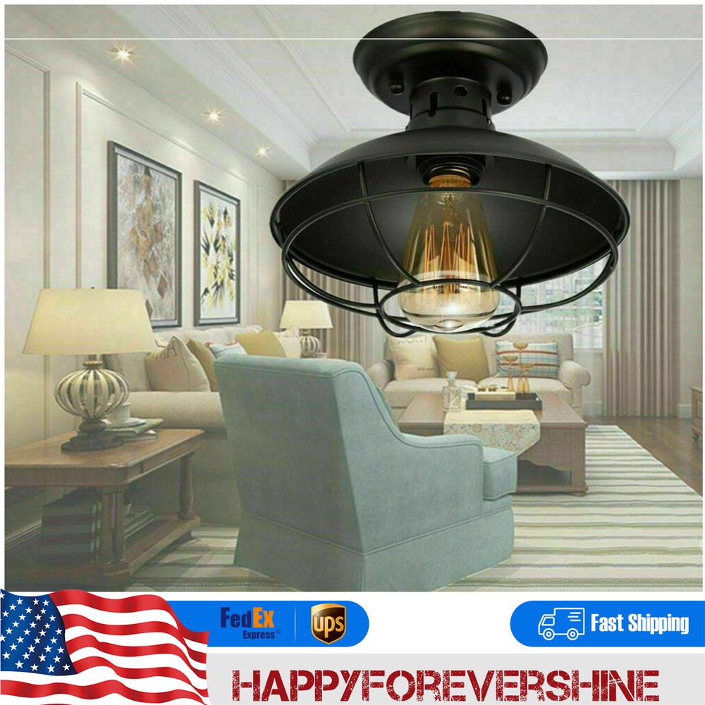 Rustic Farmhouse Semi Flush Mount Metal Cage Ceiling Light Fixture
