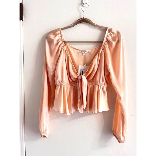 Lola Grace Blush Pink Tie Front Peplum Blouse Satin Long Sleeve Top Small NWT