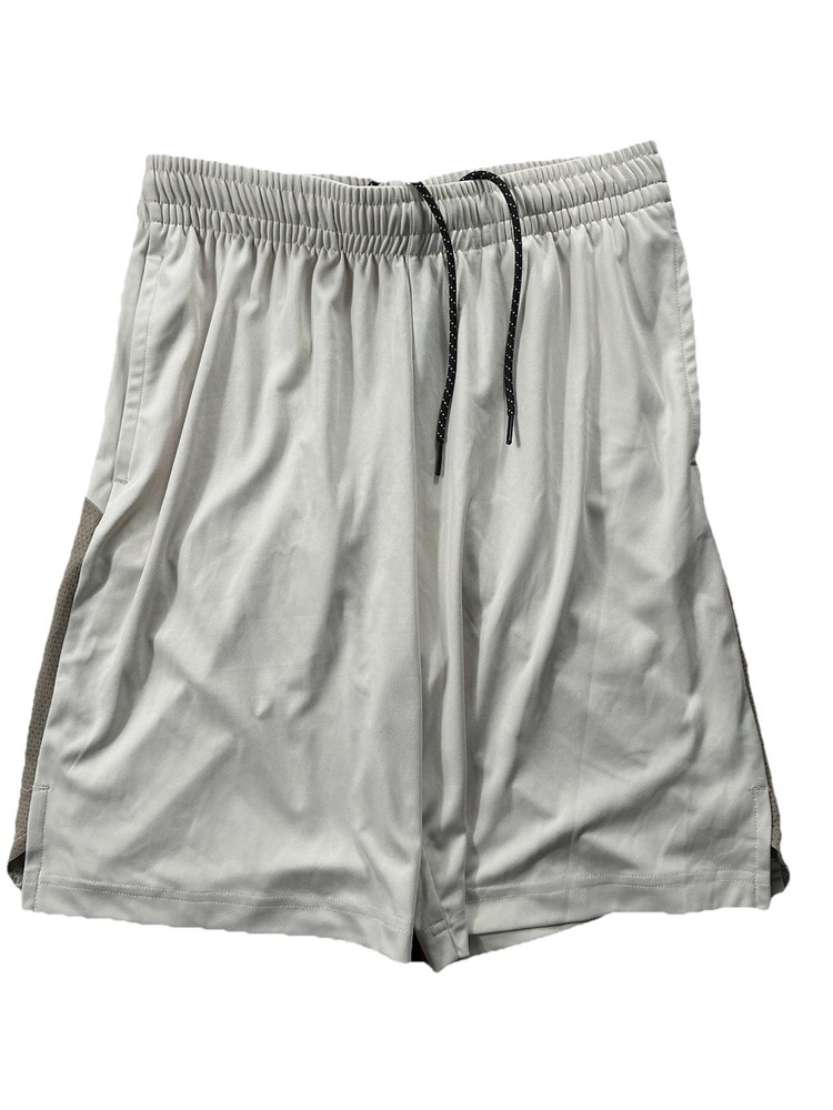Men's Beige Athletic Shorts Polyester Drawstring Elastic Waist Flat Front