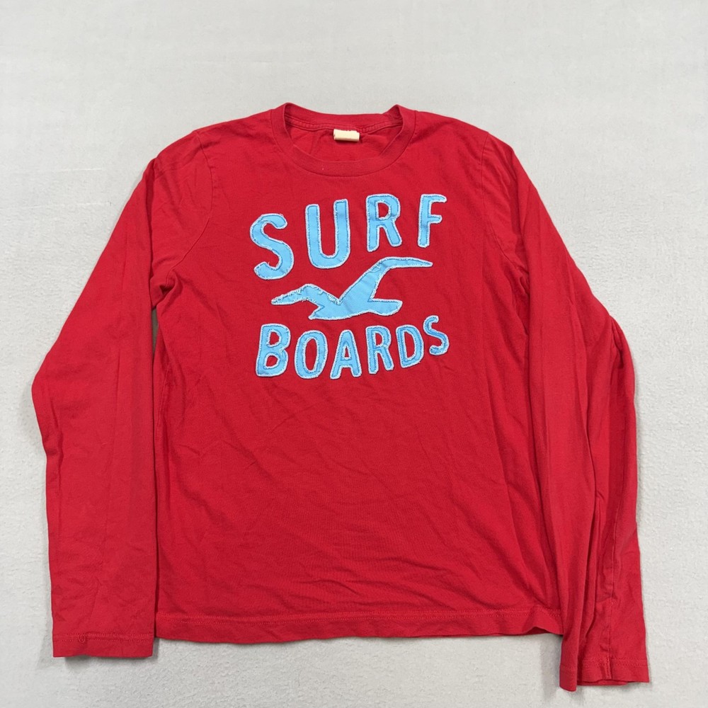 Hollister Shirt Mens Medium Red Surf Boards Applique Graphic Long Sleeve Tee