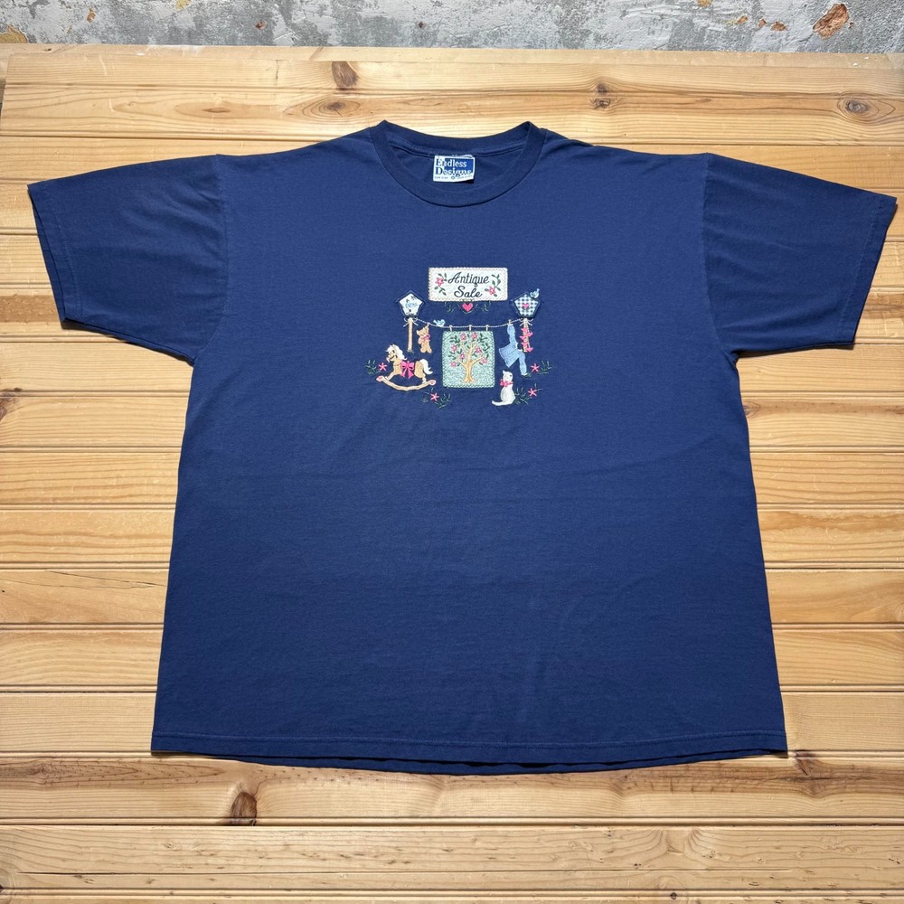 Vintage 90s Antique Sale Quilt Horse Cat Embroidered Graphic T-Shirt USA - XL