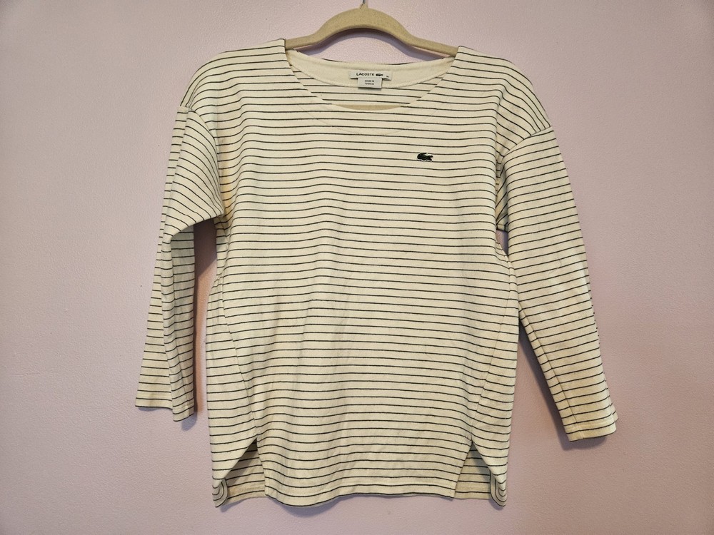 Lacoste Women white Black Striped 3/4 Sleeve Top Shirt Size 38 Crew Neck Cotton