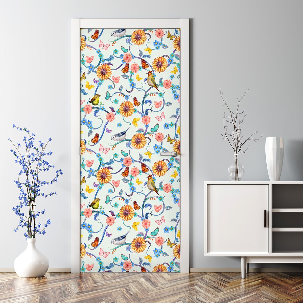 Adhesive Door sticker Beautiful tropical flora and birds Colourful Watercolour