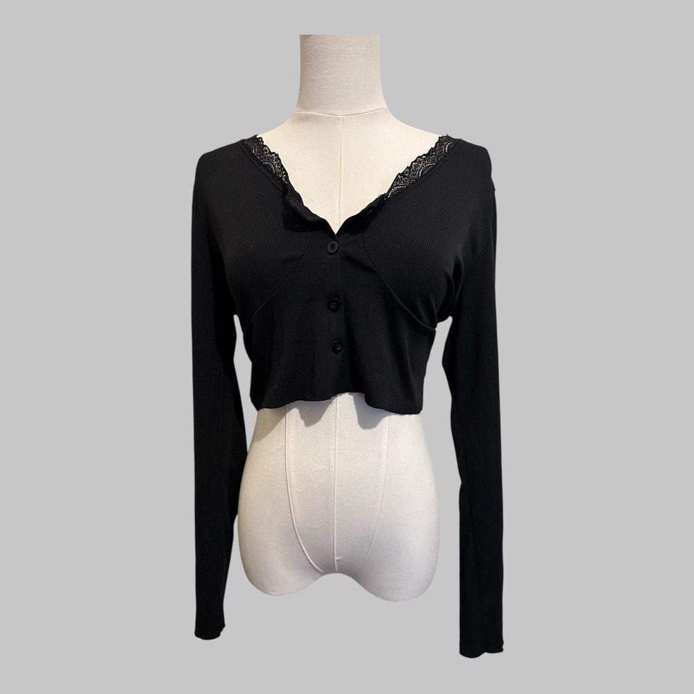 Romwe Y2K Black Ribbed Lace Cropped Cardigan Button Up Fairy Grunge Top Size L