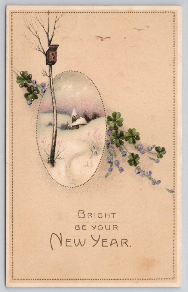 Vintage Embossed New Year Postcard Winter Scene Birdhouse Clovers Germany