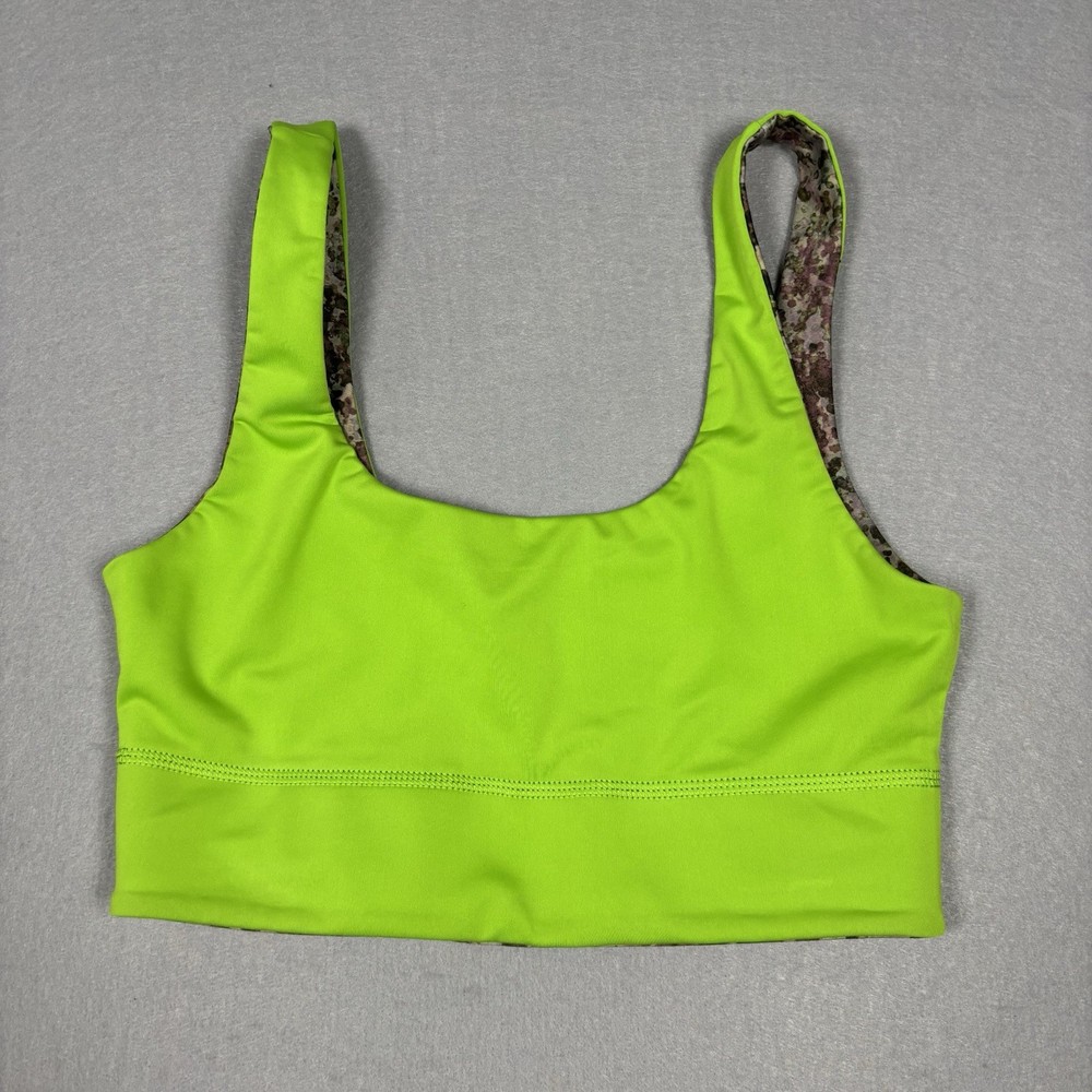 Fabletics Womens Harlyn Reversible Sports Bra Earthen Lime Green Camo Size S/M