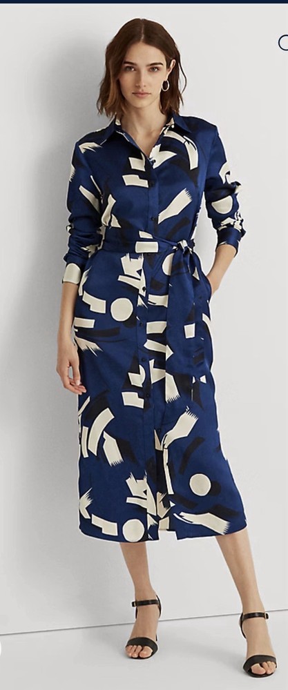 NWT $185 Lauren Ralph Lauren Geometric-Print Charmeuse Shirtdress Sz 16 Blue