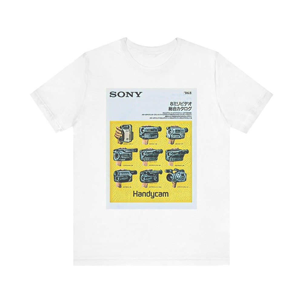 Sony Handycam Graphic Print Tee Shirt Short Sleeve Crewneck Retro Ad Art Gift