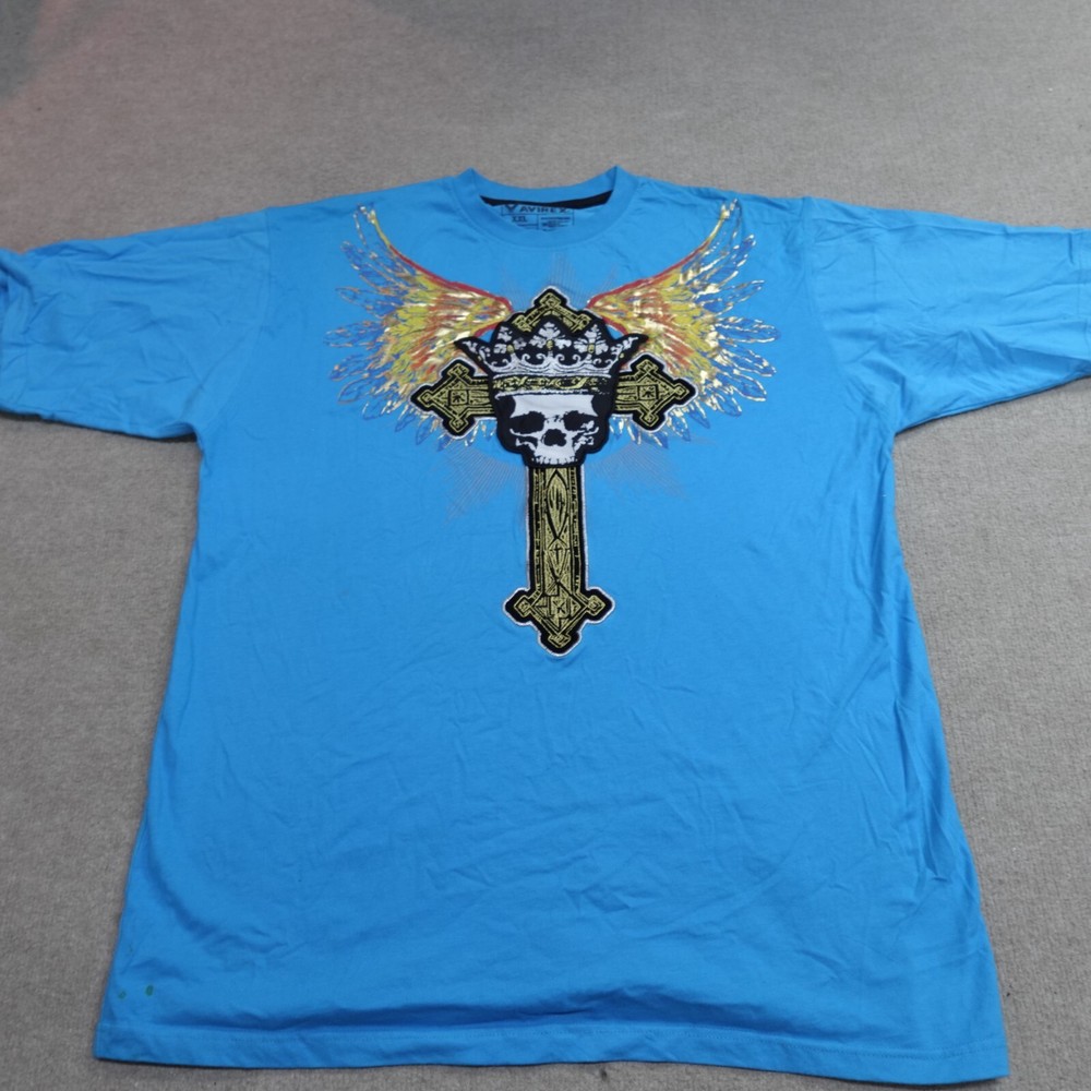 Avirex Shirt 2XL Blue Embroidered Cross Skull Crown Hip Hop Rap Streetwear Y2K