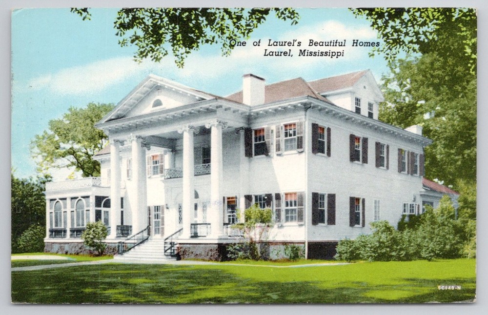 Laurel Mississippi Beautiful Home Vintage Postcard 1950s Linen